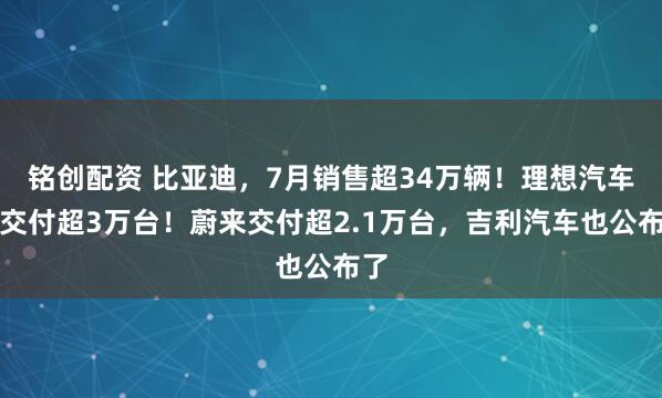 铭创配资 比亚迪，7月销售超34万辆！理想汽车：交付超3万台！蔚来交付超2.1万台，吉利汽车也公布了